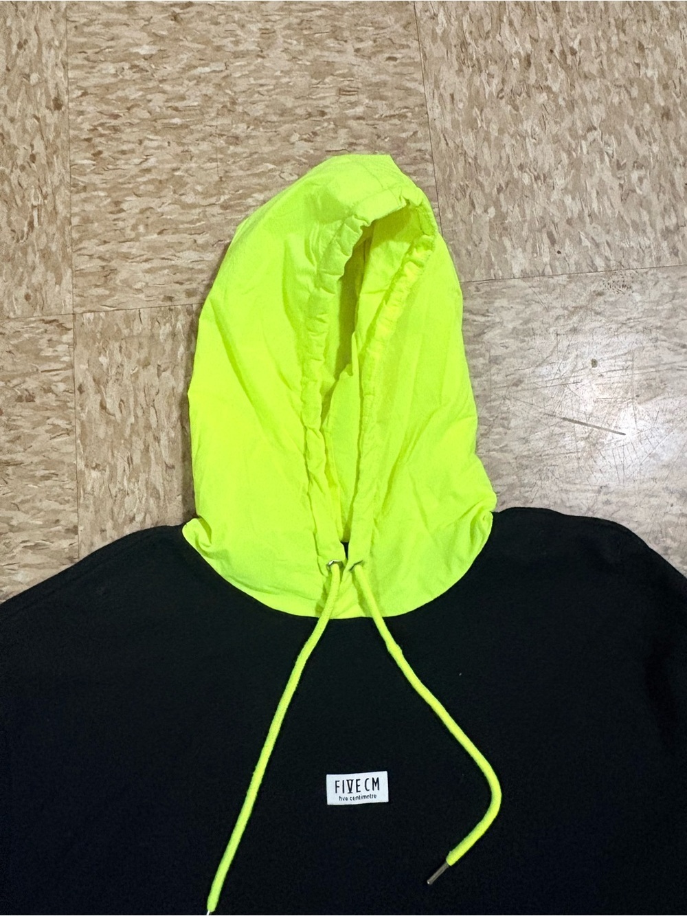 Black Hoodie with Neon Yellow Hood and Drawstrings by - Picture 4 of 8